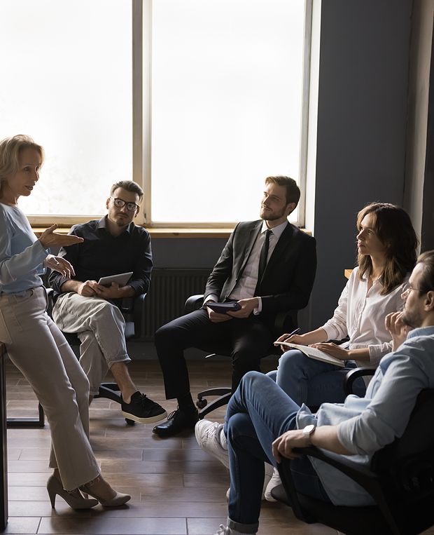 Image of woman speaking to group of professionals